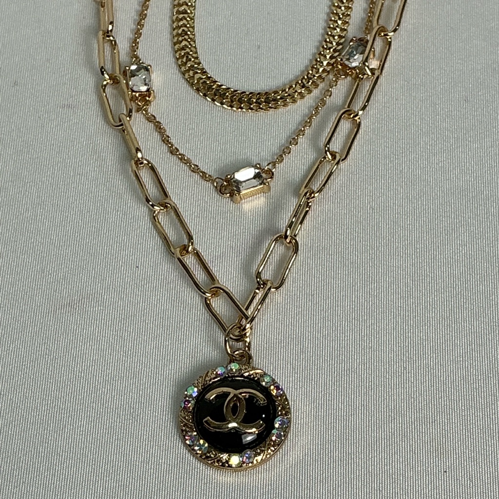 On 34th 3 Strand Gold Chain Rhinestone Chanel Pendant Necklace 145$